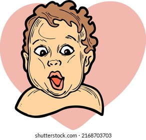 New born sweet baby face emotions with heart. Little happy child surprised with open mouth. Hand drawn character vector illustration. Retro vintage comic cartoon line style drawing.
