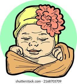 New born sweet baby face emotions. Little girl with big flower on the head sleeping and smiling. Hand drawn character vector illustration. Retro vintage comic cartoon line style drawing.