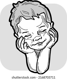 New Born Sweet Baby Face Emotions. Little Cute Boy Sleeping And Smiling. Hand Drawn Character Illustration. Retro Vintage Comic Cartoon Line Style Drawing.