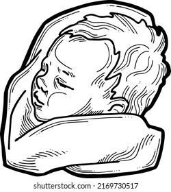 New born sweet baby face emotions. Little cute boy sleeping and smiling. Hand drawn character illustration. Retro vintage comic cartoon line style drawing.