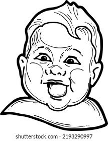 New Born Sweet Baby Face Emotions. Little Happy Child Surprised With Open Mouth. Hand Drawn Character Vector Illustration. Retro Vintage Comic Cartoon Line Style Drawing.