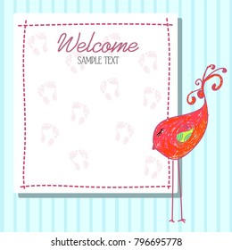 New born, welcom, shower party invitation card with bird