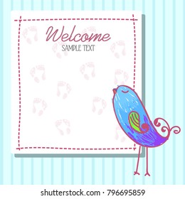 New born, welcom, shower party invitation card with cartoon bird
