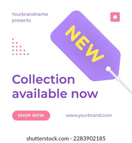 New brand collection available at website online shopping with label tag 3d icon landing page vector illustration. Internet store advertising for choosing and buying goods purchase webpage promo post