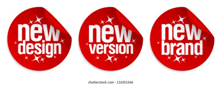 New Brand, Design, Version Stickers Set.