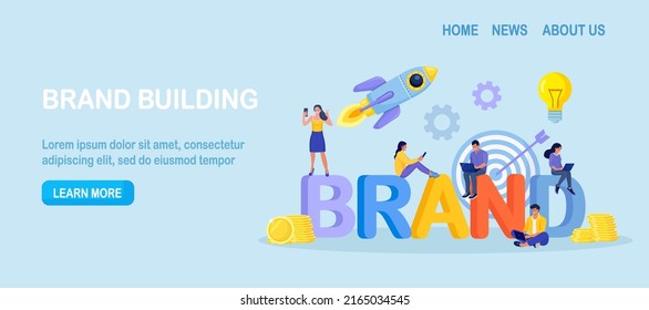 New brand. Marketing specialists creating trademark. Corporate identity, company personality development. Branding campaign, marketing strategy. Business project, start up launch Reputation management