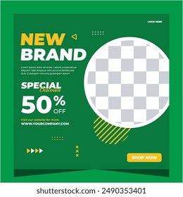 New brand vector for social media ads, web ads, business messages, discount flyers and large sale banners. Social media post template design.