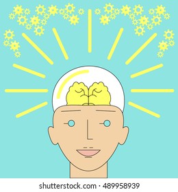 New bright idea form of a human head as a creative light bulb metaphor. Flat linear style design concept vector illustration.