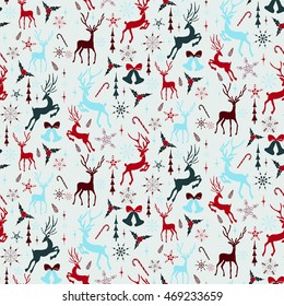 New, bright, stylish pattern of Christmas symbols.  tree, bows, reindeer, bells in vector format, and symbolic colors. Merry Christmas seamless pattern