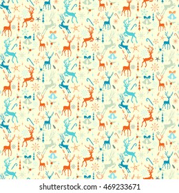 New, bright, stylish pattern of Christmas symbols.  tree, bows, reindeer, bells in vector format, and symbolic colors. Merry Christmas seamless pattern