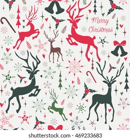 New, bright, stylish pattern of Christmas symbols.  tree, bows, reindeer, bells in vector format, and symbolic colors. Merry Christmas seamless pattern eps 10