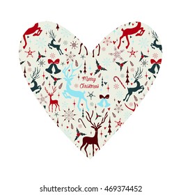 New, bright, stylish pattern of Christmas symbols.  tree, bows, reindeer, bells in vector format, and symbolic colors. Merry Christmas greeting card