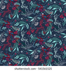 New, bright, stylish pattern of Christmas symbols.  tree, bows, reindeer,  in vector format, and symbolic colors. Merry Christmas seamless pattern