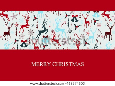 New, bright, stylish pattern of Christmas symbols.  tree, bows, reindeer, bells in vector format, and symbolic colors. Merry Christmas greeting card
