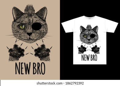 Hermano nuevo. Cabeza de gato con mohawk, ojo verde con venda, garras con garras. Diseño gráfico animal para camiseta. Ilustración del vector