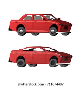 New and broken car on white background