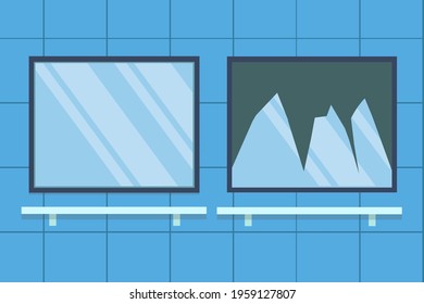 New And Broken Mirrors On Blue Tiles In A Bathroom. Flat Vector Illustration.