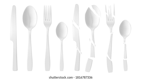 New and broken plastic cutlery isolated on white background. Vector realistic set of cracked white flatware, disposable plastic fork, spoon and knife. Shattered tableware