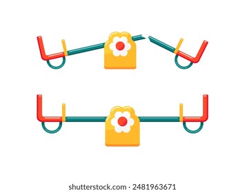 New and broken seesaw in children area in park, playground, kindergarten or school yard. Kids sport equipment damaged of accident, storm wind or vandalism, vector flat cartoon illustrations