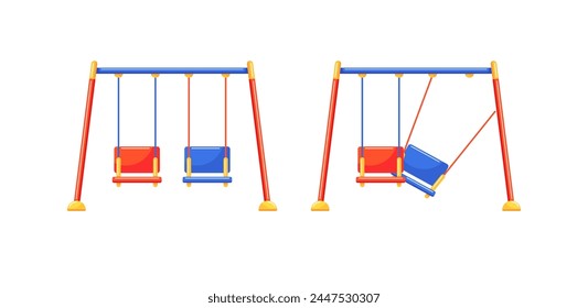 New and broken swings in children area in park, playground, kindergarten or school yard. Kids swing damaged of accident, storm wind or vandalism, vector flat cartoon illustrations