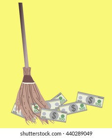 A new broom sweeps clean on a yellow background,