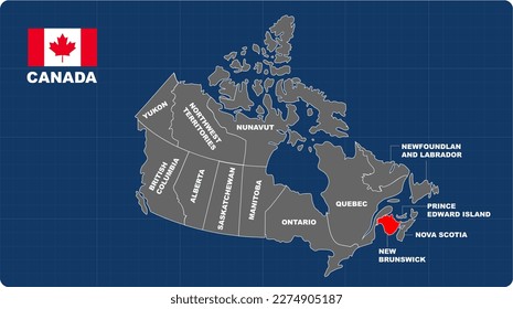 New Brunswick Map, New Brunswick red highlighted in 🇨🇦CANADA🇨🇦 map, flat design illustration vector