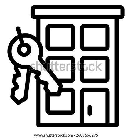 New building and apartment key line icon, building construction concept. Vector graphics. Keys with house, real estate sign on white background, style mobile or design