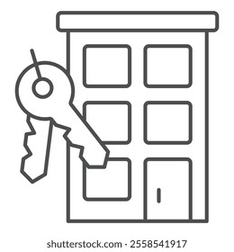 New building and apartment key thin line icon, building construction concept. Vector graphics. Keys with house, real estate sign on white background, outline style icon for mobile or web design