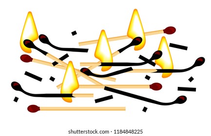 New, burning and burnt match sticks on white background. Vector illustration