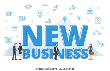 new business concept with big words and people surrounded by related icon spreading with modern blue color style