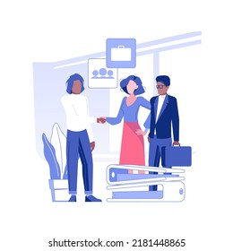 New business contact isolated concept vector illustration. Multiethnic business people shake hands, successful international deal, negotiation process, partnership idea vector concept.