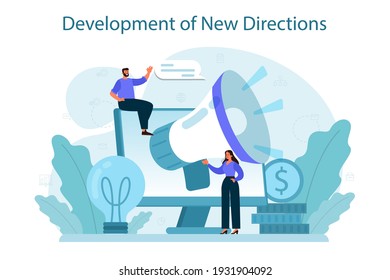 New business directions development concept. Business expansion. Idea of company promotion for a new marketplace. Marketing and indastrial development. Isolated flat illustration