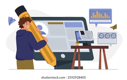 New business directions development. Man with pencil near computer with graphs and charts. Business management. Corporate development and startup improvement. Flat vector illustration