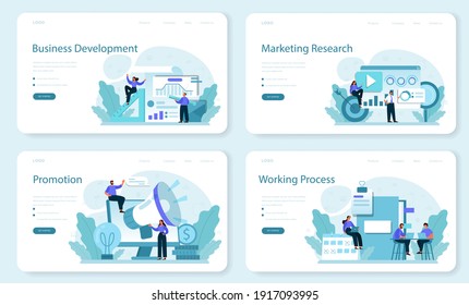 New Business Directions Development Web Banner Or Landing Page Set. Business Expansion. Idea Of Company Promotion For A New Marketplace. Marketing And Indastrial Development. Flat Vector Illustration