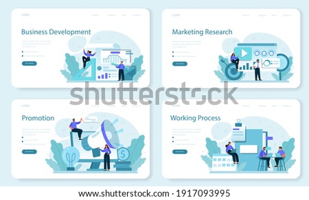New business directions development web banner or landing page set. Business expansion. Idea of company promotion for a new marketplace. Marketing and indastrial development. Flat vector illustration