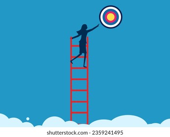 New business goals. Businesswoman climbing a ladder to grab the target 