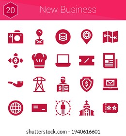 new business icon set. 20 filled icons on theme new business. collection of Placeholder, Destination, Laptop, Coupon, Ticket, Church, Email, Chef, Electric tower, Pipe