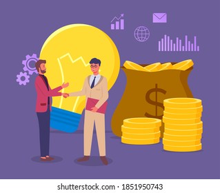 New business idea aimed at increasing profits, conclusion of a deal with a business partner. Flat business concept. Achievements and mission. Businessmen shake hands near bag with money and light bulb