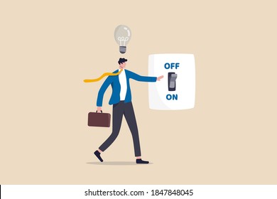 New Business Ideas, Inspiration And Creativity To Think About New Idea Concept, Smart Businessman In Suit Switching On The Switch To Turn On Lightbulb Lamp Over His Head Metaphor Of Discover New Idea.