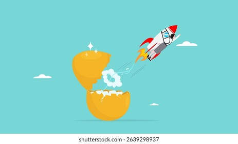 new business launch, success steps in building a start-up business, journey to success in starting a business, businessman flying on a rocket from an opening golden egg concept vector illustration