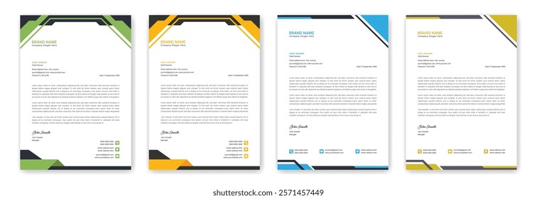 New business letterhead templates design. Corporate modern clean letterhead design with yellow blue and green color modern letter head. Professional creative word a4 letterhead branding identity card