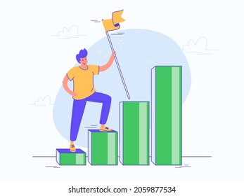 A new business milestone reached. Flat vector illustration of smiling man upstairs on a graph and holds a yellow flag. Concept character for motivation, goals achievement and success planning