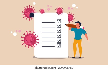 New business normal after the pandemic. A man with a pencil make a todo list of plans to be made vector illustration. The results of the work of entrepreneurs after the virus. Job questionnaire report