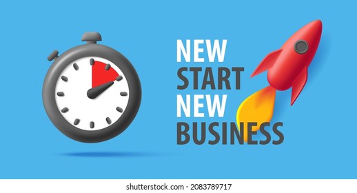 New business poster or web banner with 3d illustration of rocket and clock stopwatch on blue backdrop