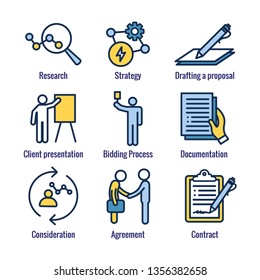 New Business Process Icon Set w Bidding Process, Proposal, & Contract