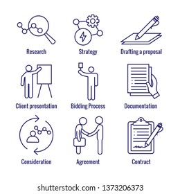 New Business Process Icon Set W Bidding Process, Proposal, & Contract