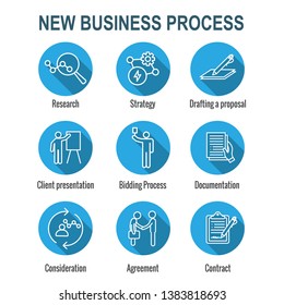 New Business Process Icon Set w Bidding Process, Proposal, & Contract