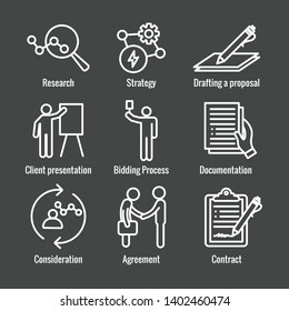 New Business Process Icon Set with Bidding Process, Proposal, & Contract