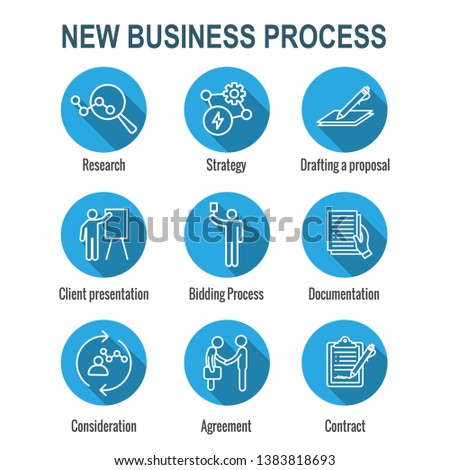 New Business Process Icon Set w Bidding Process, Proposal, & Contract