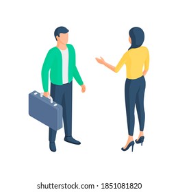 New business specialist arrival isometric vector illustration. Male character with suitcase is happily greeted by female manager. Successful career advancement with executive achievements.